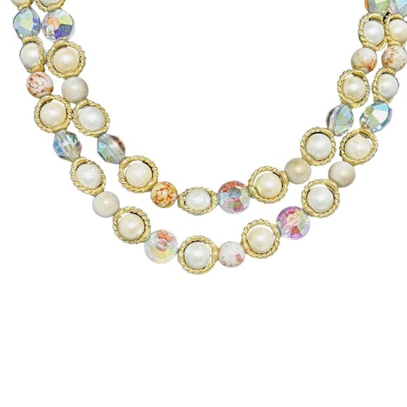 Marvella Faux Pearl/Marble And AB Beads Gold Tone Double Strand Necklace (5447) - Picture 3 of 11